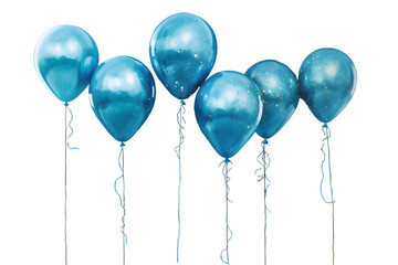 Blue balloons watercolor illustration isolated on transparent background - obrazy, fototapety, plakaty