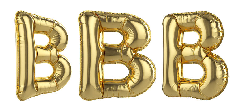 Gold foil balloon letter B on transparent background. 3d render.