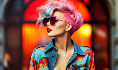 Fashionable Girl with Vivid Hair Color and Sunglasses in Urban Setting: A fashionable girl with vivid hair color and sunglasses poses in an urban setting. - obrazy, fototapety, plakaty