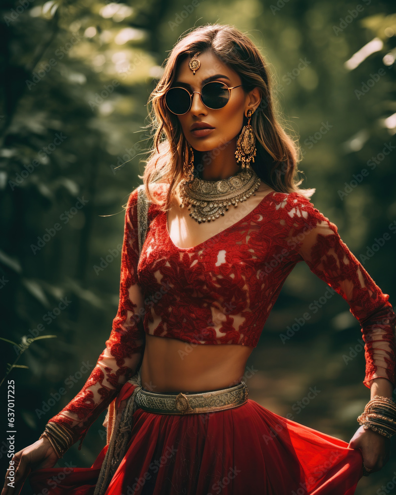 Wall mural portrait of beautiful indian girl. young hindu woman model with golden kundan jewelry set . traditio