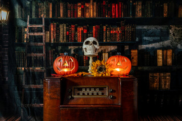 vintage radio decorated for Halloween
with jack-o-lanterns and skull with old library background
