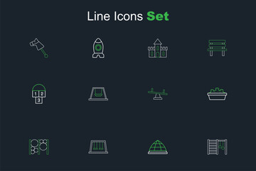 Set line Swedish wall, Playground climbing equipment, Swings for kids, Sandbox with sand, Seesaw, Ferris wheel and Hopscotch icon. Vector