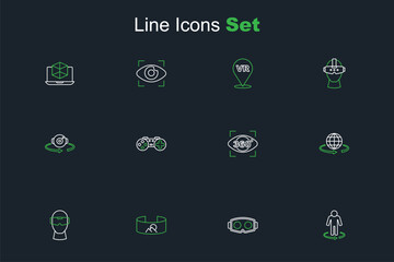 Set line 3d modeling, Virtual reality glasses, 360 degree view, Gamepad and icon. Vector