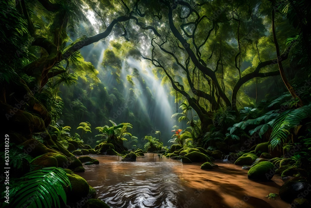 Poster a lush cascading waterfall in a mysterious jungle - ai generative