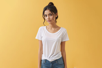 Young girl/woman wearing a white T-shirt. Tanned skin girl. mixed race girl.
