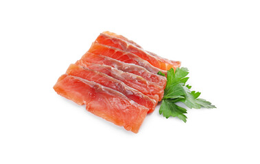 Fototapeta premium Tasty sashimi (slices of fresh raw salmon) and parsley isolated on white