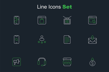 Set line Financial growth dollar, Browser window, Headphones, Megaphone, Mail and e-mail, File document, Consumer product rating and Magnifying glass mobile icon. Vector