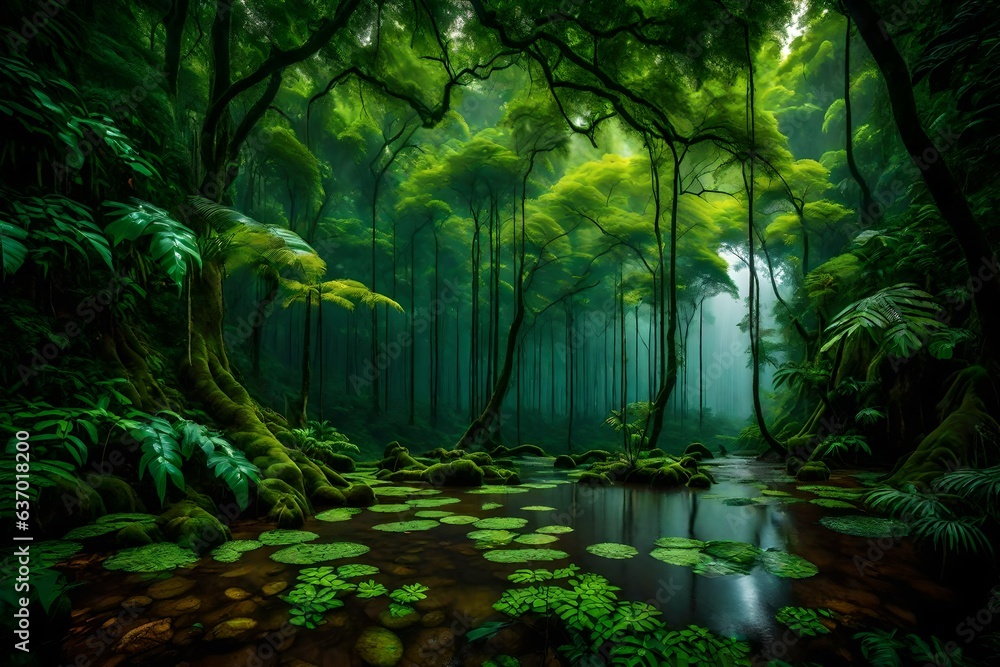 Poster a lush cascading waterfall in a mysterious jungle - ai generative