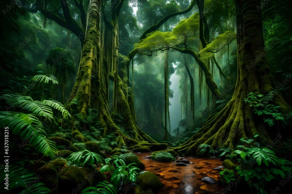 Poster a lush cascading waterfall in a mysterious jungle - ai generative