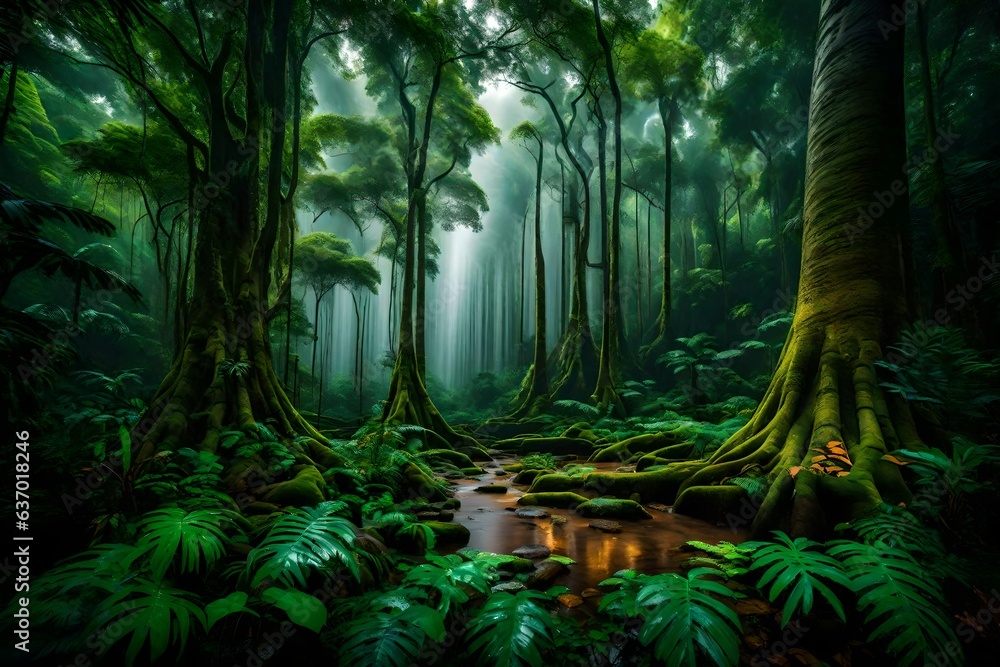 Aufkleber a lush cascading waterfall in a mysterious jungle - ai generative