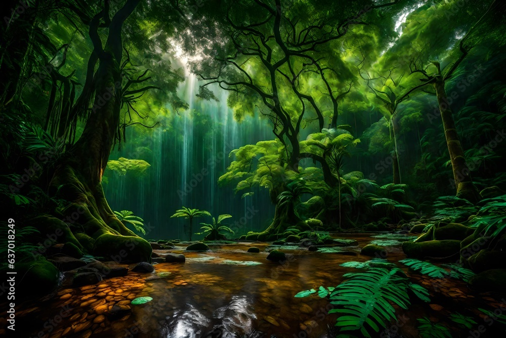 Poster a lush cascading waterfall in a mysterious jungle - ai generative