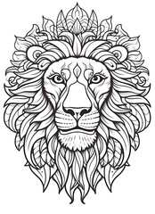 Obraz premium Lion head with ornament. Black and white vector illustration for coloring page