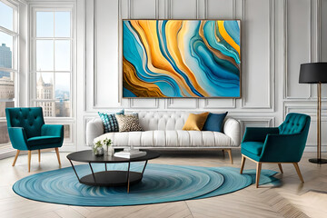 Marble abstract acrylic painting in the interior of the room. Marbling artwork texture.