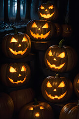 Many haunted halloween pumpkins with funny and scary faces with trees in the background
