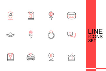 Set line King crown, 8 March, Bedroom, Calendar with, Heart speech bubble, Diamond engagement ring, Flower and Elegant women hat icon. Vector