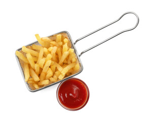 Tasty french fries with ketchup on white background, top view