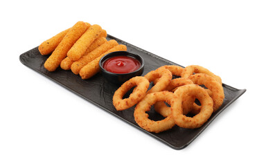 Tasty fried onion rings, cheese sticks and ketchup isolated on white