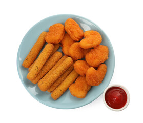 Tasty chicken nuggets, cheese sticks and ketchup on white background, top view