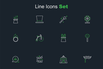 Set line Festive mask, Circus tent, Carnival garland with flags, Lollipop, Magician hat rabbit ears, Vintage bicycle and fire hoop icon. Vector