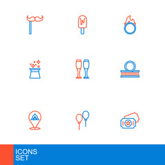 Set line Circus ticket, Balloons with ribbon, tent, Roller coaster, Magician hat, Bowling pin, fire hoop and Ice cream icon. Vector