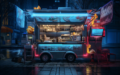 Food truck on busy street, offering mobile culinary delights and vibrant street food culture.
