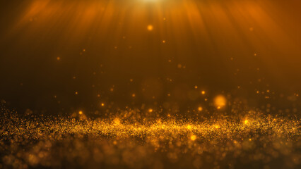 Glitter light gold particles stage and light shine background.