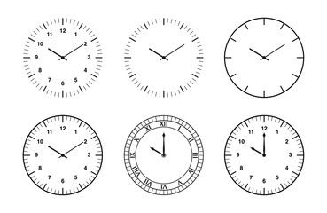 Diverse Clock Designs Collection: From Abstract Line Art to Vintage Roman Numeral Timepieces - obrazy, fototapety, plakaty