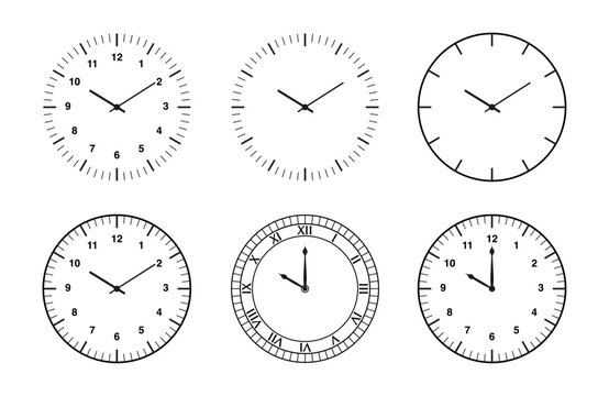 Diverse Clock Designs Collection: From Abstract Line Art to Vintage Roman Numeral Timepieces