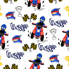 ATV extreme cartoon pattern design .motorcycle and ATV  extreme pattern for kids clothing, printing, fabric ,cover. extreme  sport seamless pattern.