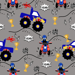 extreme sport cartoon pattern design .Monster truck and ATV extreme sport pattern for kids clothing, printing, fabric ,cover. extreme  sport seamless pattern.