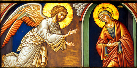The angel Gabriel announces to the Virgin Mary, betrothed to Joseph, about the descent of the Spirit on him and the birth of his son Jesus who will be great and will be called the Son of the Most High