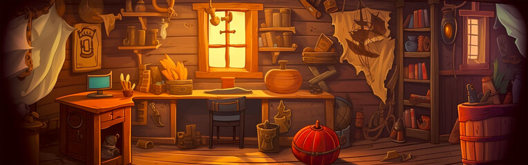 Immerse yourself in the world of pirates with the theme of the captain's cabin Wooden room interior with authentic corsair items Decorate your space with a table with a bottle of rum.map.treasure ches