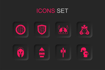 Set Castle tower, Shield, Round wooden shield, Medieval axe, Princess or queen, helmet, Viking horned and icon. Vector