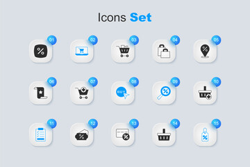 Set Shopping basket, Add to cart, on screen laptop, Clipboard with checklist, Discount percent tag, and Buy button icon. Vector
