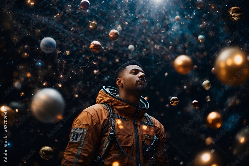 Poster a man standing in front of a colorful display of balls