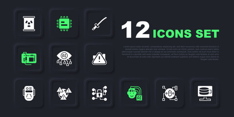 Set Blockchain technology Bitcoin, Cloud database, Computer vision, Humanoid robot, Motherboard, Earth with exclamation mark, Processor CPU and Cyber security icon. Vector