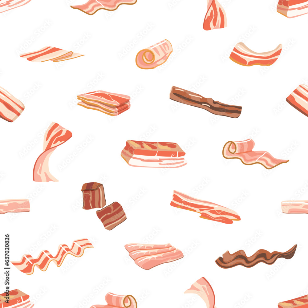 Poster seamless pattern with bacon. delicious strips and slices of bacon arranged in a repeating design, ve