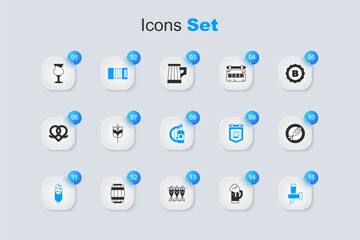 Set Glass of beer, Wheat, Accordion, Salami sausage, Beer tap, Dried fish, and bottle and wooden barrel icon. Vector