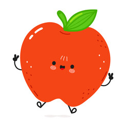 Cute funny Red Apple jumping character. Vector hand drawn cartoon kawaii character illustration icon. Isolated on white background. Happy Red Apple fruit character concept