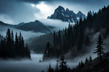 Amidst towering peaks, a thick veil blankets the landscape, concealing the rugged terrain in a soft, ethereal embrace.