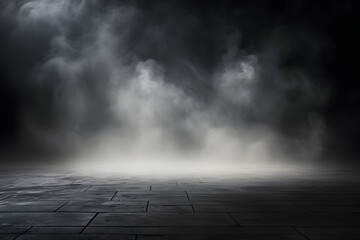 Abstraktes Bild eines dunklen Raumes mit Betonboden. Schwarzer Raum Hintergrund für Productplacement. Panoramablick auf weiße Wolken, Nebel oder Smog auf schwarzem Hintergrund generative ai