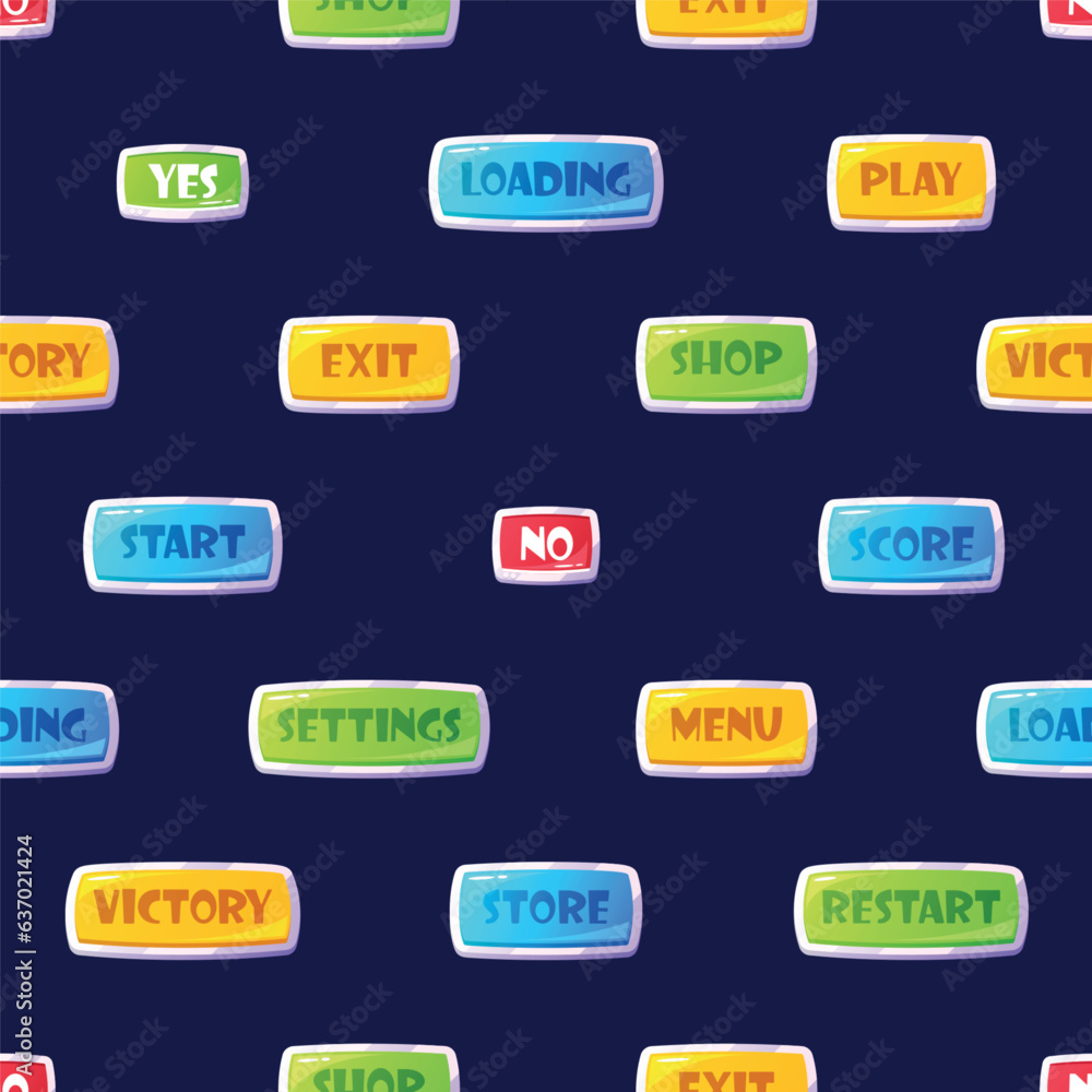 Poster seamless pattern featuring colorful game menu buttons, creating cohesive and interactive design, vec