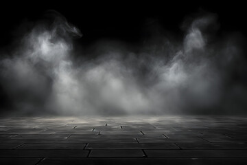 Abstraktes Bild eines dunklen Raumes mit Betonboden. Schwarzer Raum Hintergrund für Productplacement. Panoramablick auf weiße Wolken, Nebel oder Smog auf schwarzem Hintergrund generative ai - obrazy, fototapety, plakaty