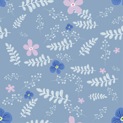 Fototapeta na wymiar Seamless pattern of vintage flowers on blue background.