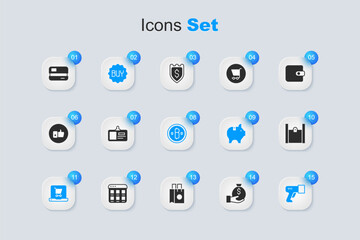 Set Money bag, Identification badge, Buy button, Shopping cart screen laptop, Scanner scanning bar code, Paper shopping, Credit card and Cryptocurrency coin Bitcoin icon. Vector