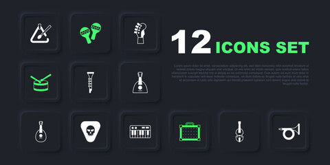 Set Violin, Trumpet, Clarinet, Guitar amplifier, Drum with drum sticks, pick, Maracas and Music synthesizer icon. Vector
