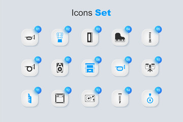 Set Clarinet, Stereo speaker, Guitar neck, Keytar, Banjo, Conga drums, Trumpet and Piano icon. Vector