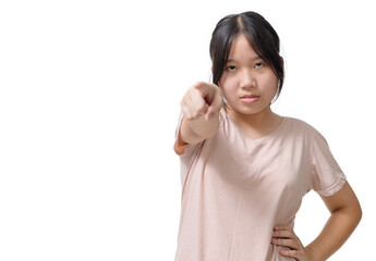 Asian angry enraged girl wearing T-shirt, pointing at you isolated on white background