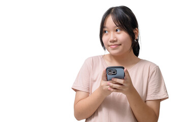 Portrait of cute asian girl look left at copy space, holding smartphone isolated on white