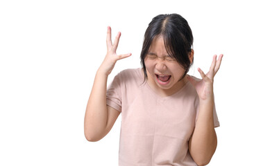 Screaming asian girl in t-shirt with closed eyes and open mouth isolated on white background. emotion